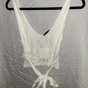 Zara Cropped White Tank with Tie-Front Top size L